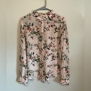 Floral Ruffle Neck Button Down Blouse
